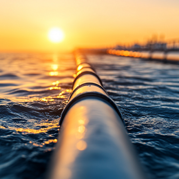 Rurociąg na morzu o zachodzie słońca, błyszczące fale.