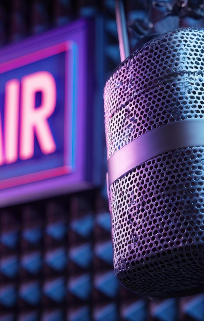 Mikrofon na tle ściany akustycznej, neonowy napis "ON AIR".